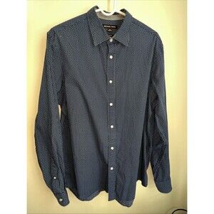 Michael Kors Men's Classic Fit Long Sleeve Button Up Shirt Navy Blue Polka Large
